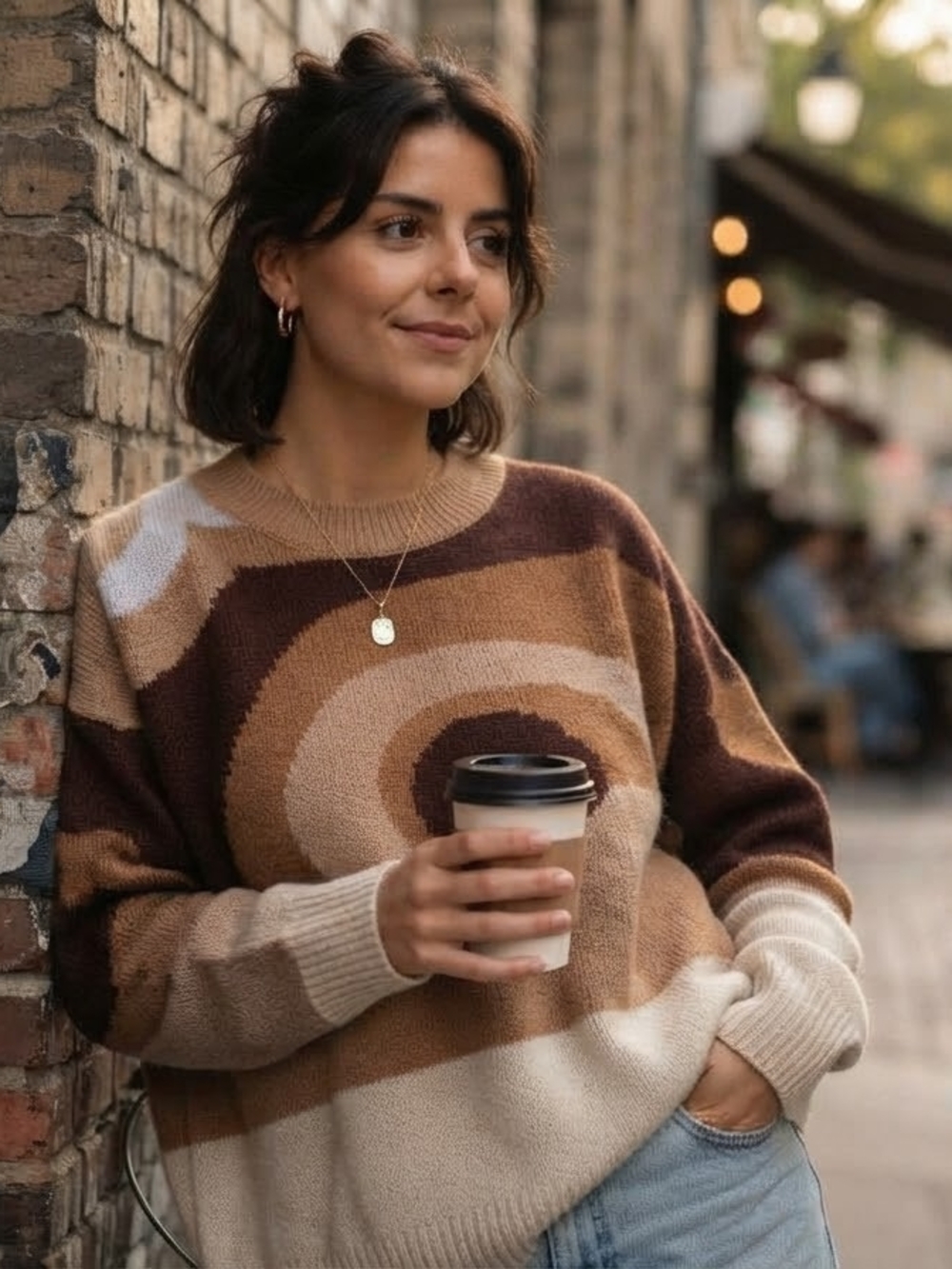 SHEIN Brown & Cream Abstract Swirl Crewneck Sweater